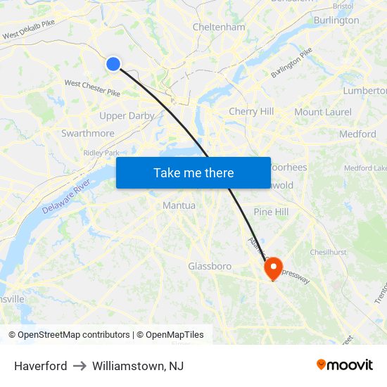 Haverford to Williamstown, NJ map