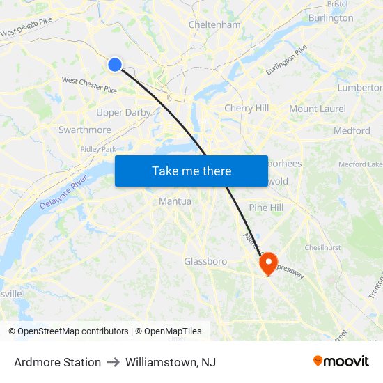 Ardmore Station to Williamstown, NJ map