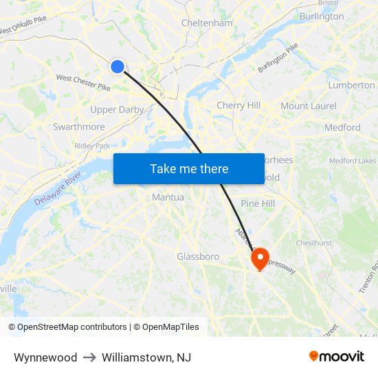 Wynnewood to Williamstown, NJ map