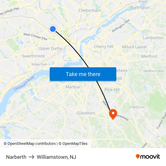 Narberth to Williamstown, NJ map