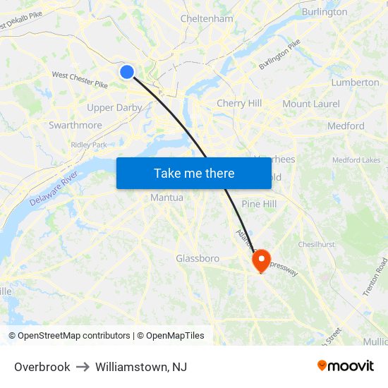 Overbrook to Williamstown, NJ map