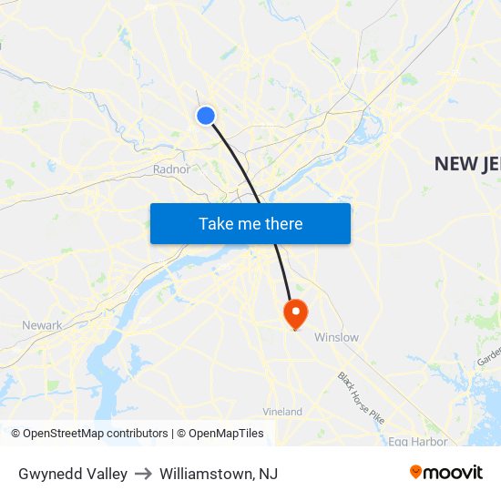 Gwynedd Valley to Williamstown, NJ map
