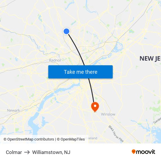 Colmar to Williamstown, NJ map