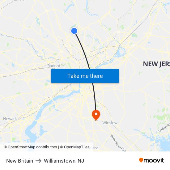 New Britain to Williamstown, NJ map