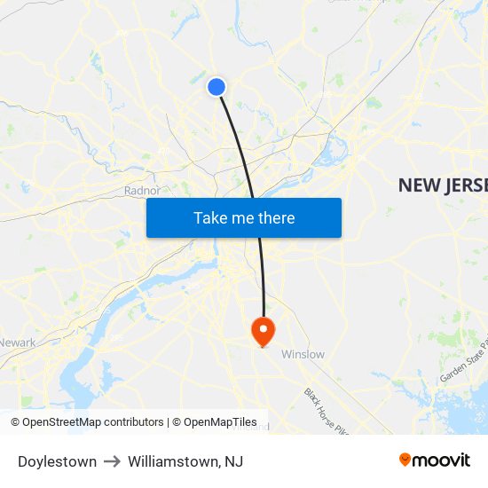 Doylestown to Williamstown, NJ map