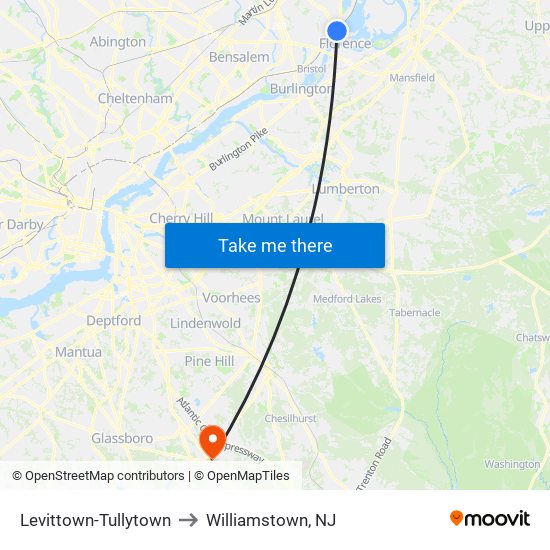 Levittown-Tullytown to Williamstown, NJ map