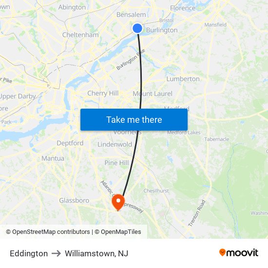 Eddington to Williamstown, NJ map