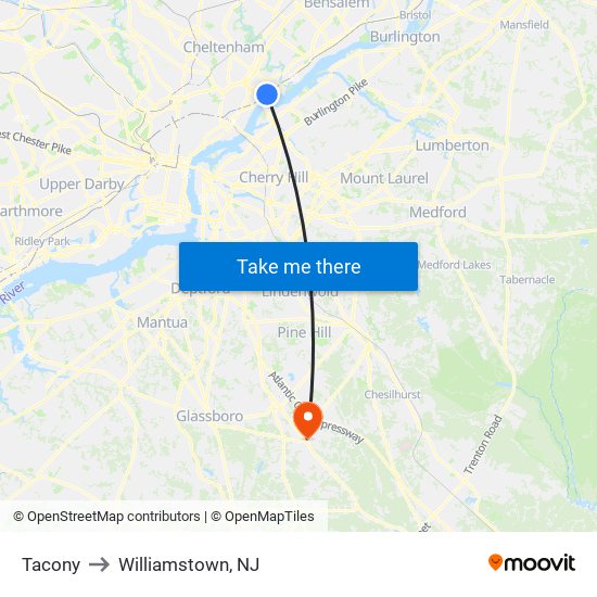 Tacony to Williamstown, NJ map