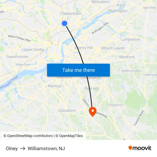 Olney to Williamstown, NJ map