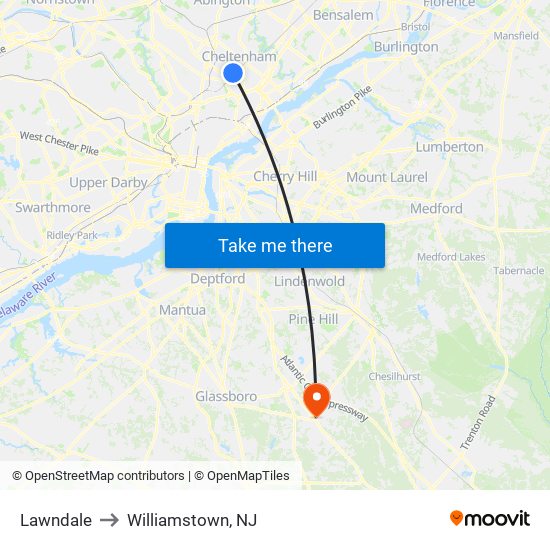 Lawndale to Williamstown, NJ map