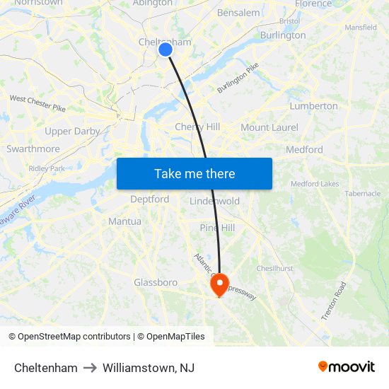 Cheltenham to Williamstown, NJ map