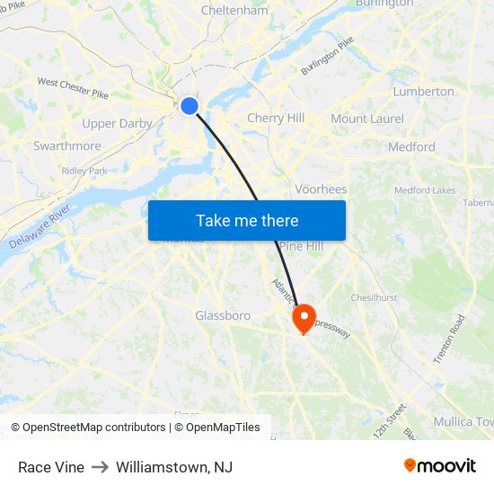 Race Vine to Williamstown, NJ map