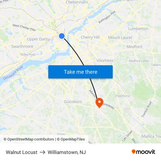 Walnut Locust to Williamstown, NJ map