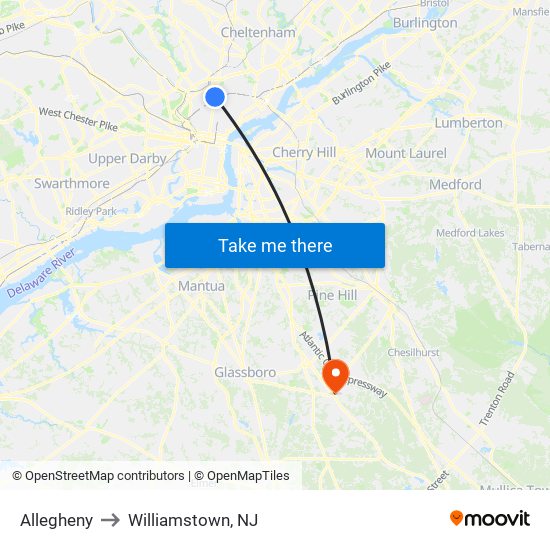 Allegheny to Williamstown, NJ map