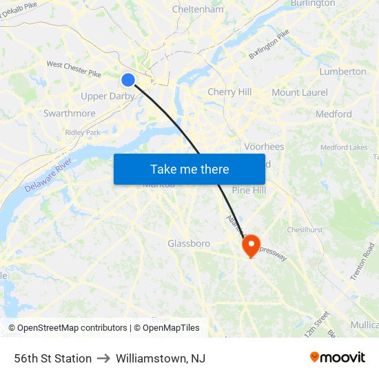 56th St Station to Williamstown, NJ map