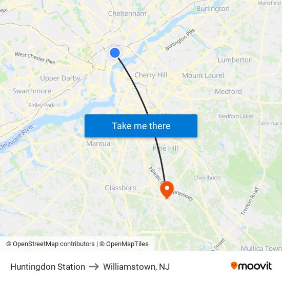 Huntingdon Station to Williamstown, NJ map