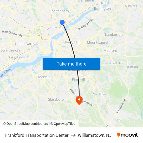 Frankford Transportation Center to Williamstown, NJ map