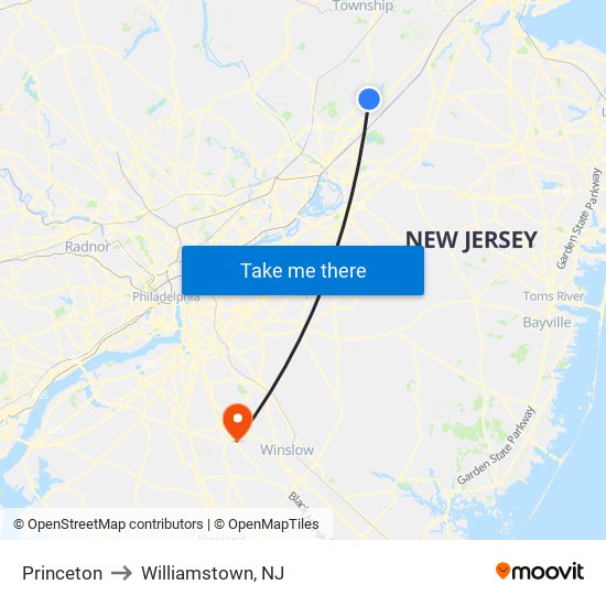 Princeton to Williamstown, NJ map