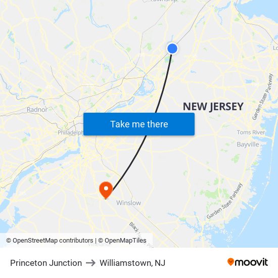 Princeton Junction to Williamstown, NJ map