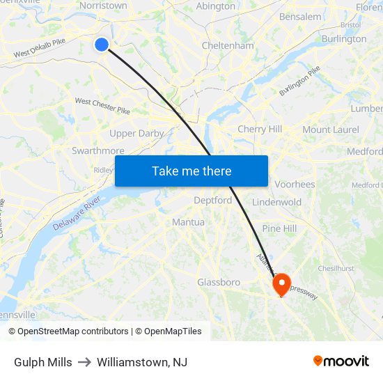 Gulph Mills to Williamstown, NJ map