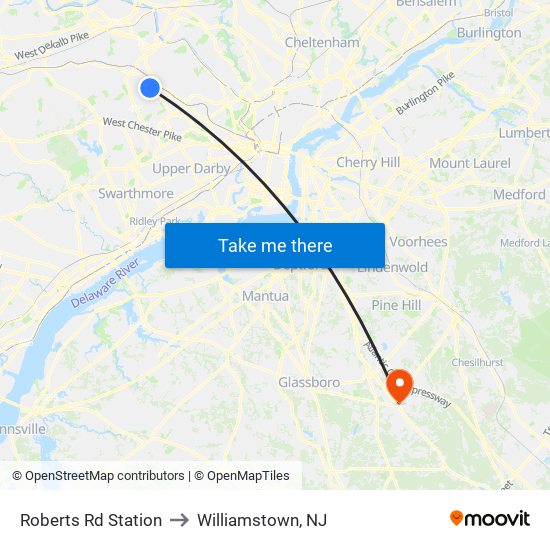 Roberts Rd Station to Williamstown, NJ map