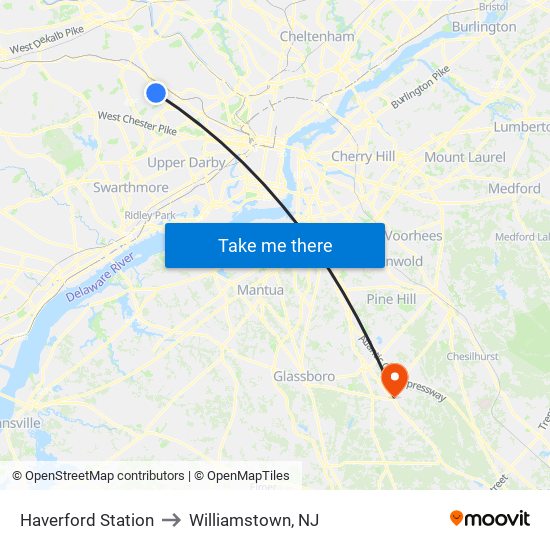 Haverford Station to Williamstown, NJ map