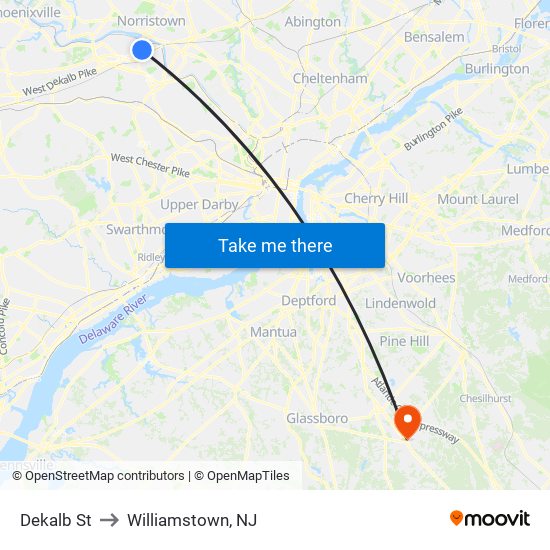 Dekalb St to Williamstown, NJ map