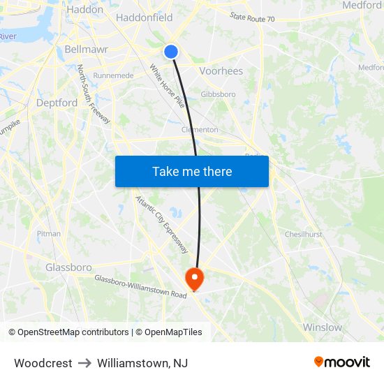 Woodcrest to Williamstown, NJ map