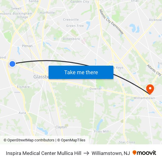 Inspira Medical Center Mullica Hill to Williamstown, NJ map