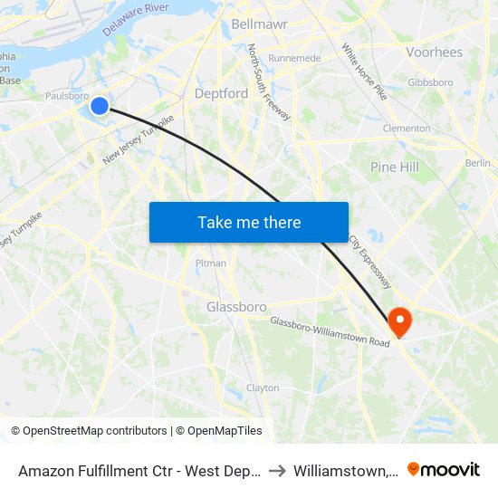 Amazon Fulfillment Ctr - West Deptford to Williamstown, NJ map