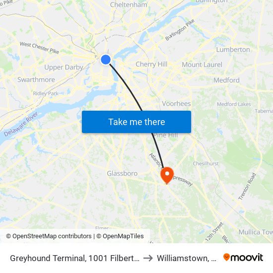 Greyhound Terminal, 1001 Filbert St to Williamstown, NJ map