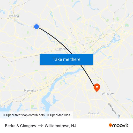 Berks & Glasgow to Williamstown, NJ map