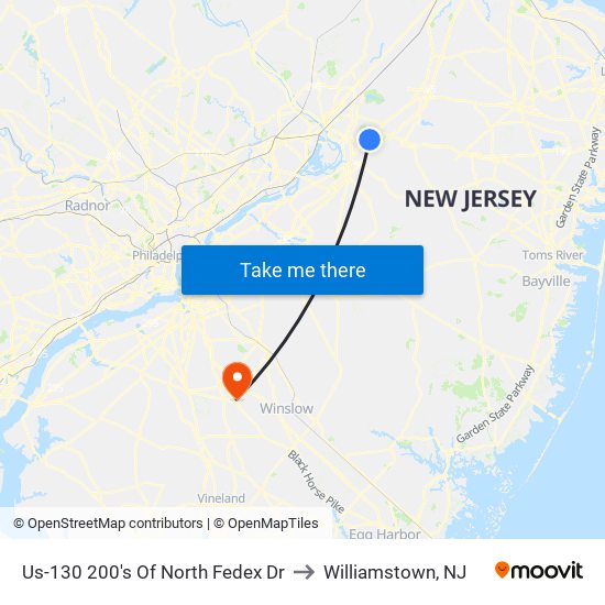 Us-130 200's Of North Fedex Dr to Williamstown, NJ map