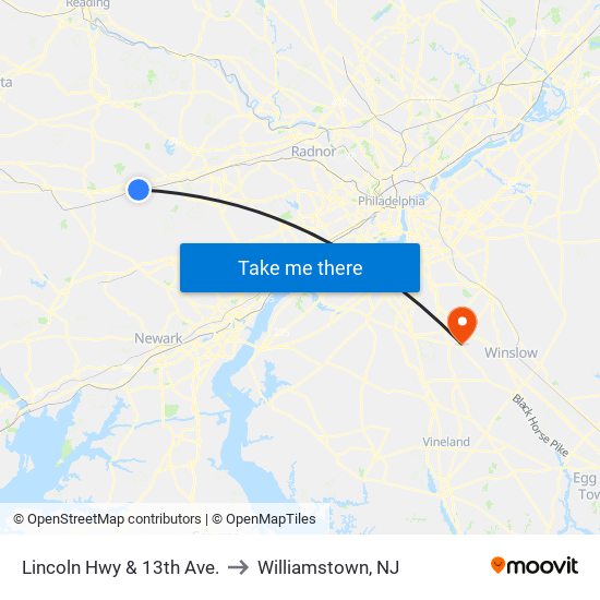 Lincoln Hwy & 13th Ave. to Williamstown, NJ map