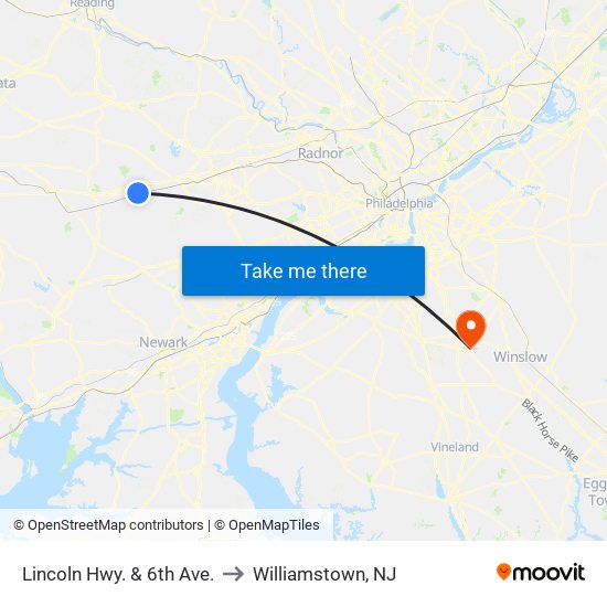 Lincoln Hwy. & 6th Ave. to Williamstown, NJ map