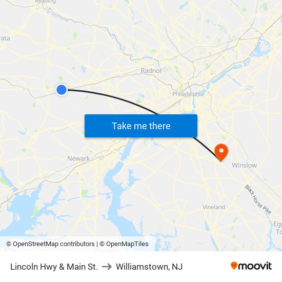 Lincoln Hwy & Main St. to Williamstown, NJ map