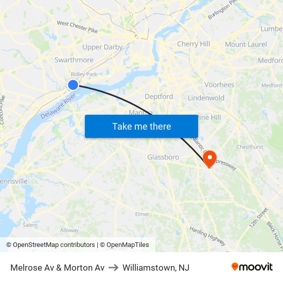 Melrose Av & Morton Av to Williamstown, NJ map