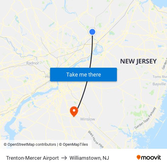 Trenton-Mercer Airport to Williamstown, NJ map