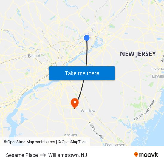 Sesame Place to Williamstown, NJ map
