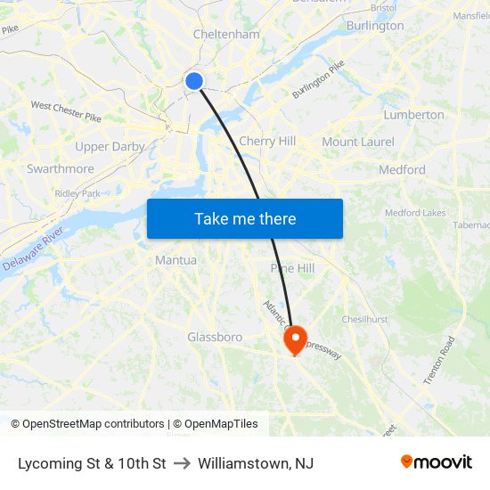 Lycoming St & 10th St to Williamstown, NJ map