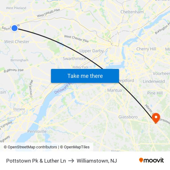 Pottstown Pk & Luther Ln to Williamstown, NJ map