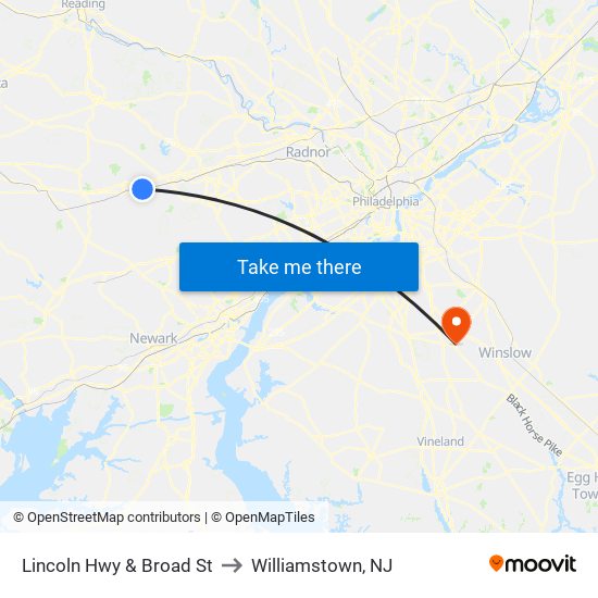 Lincoln Hwy & Broad St to Williamstown, NJ map