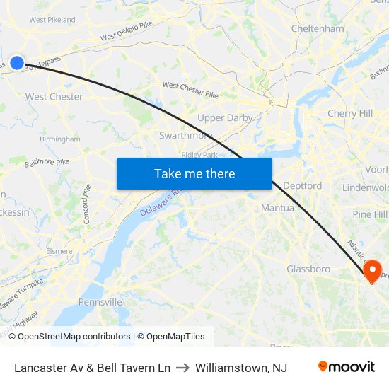 Lancaster Av & Bell Tavern Ln to Williamstown, NJ map