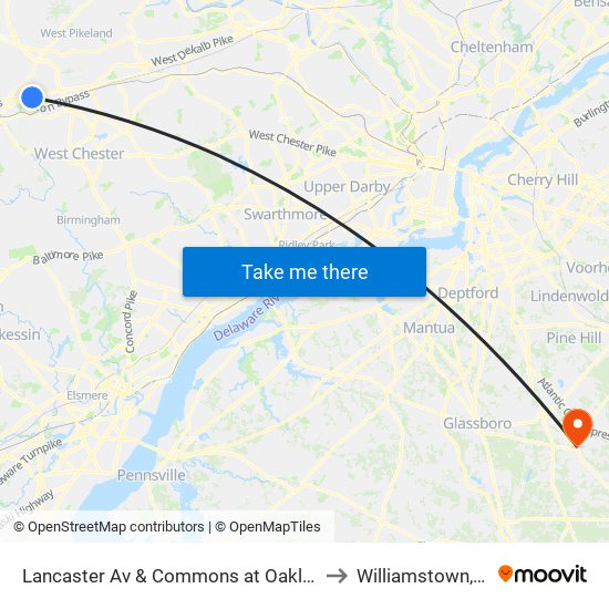 Lancaster Av & Commons at Oaklands to Williamstown, NJ map
