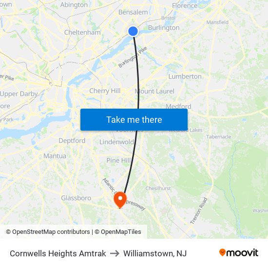 Cornwells Heights Amtrak to Williamstown, NJ map