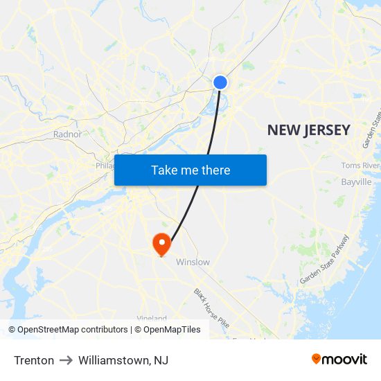 Trenton to Williamstown, NJ map