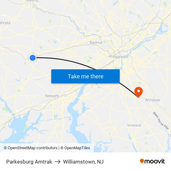 Parkesburg Amtrak to Williamstown, NJ map