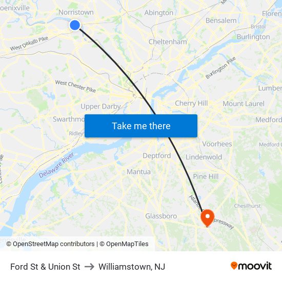 Ford St & Union St to Williamstown, NJ map