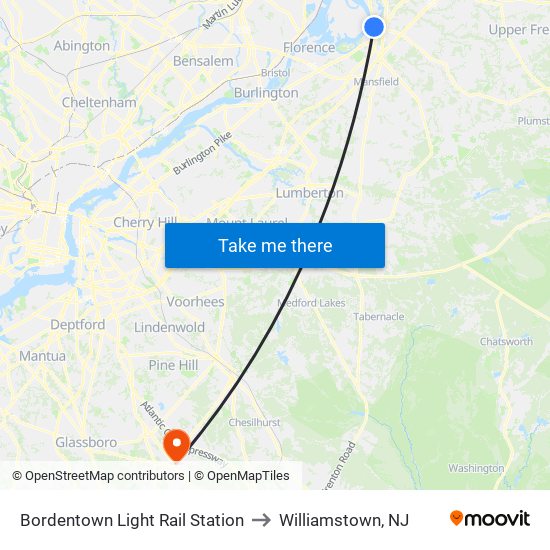 Bordentown Light Rail Station to Williamstown, NJ map