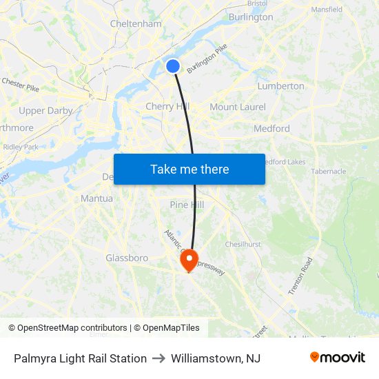 Palmyra Light Rail Station to Williamstown, NJ map